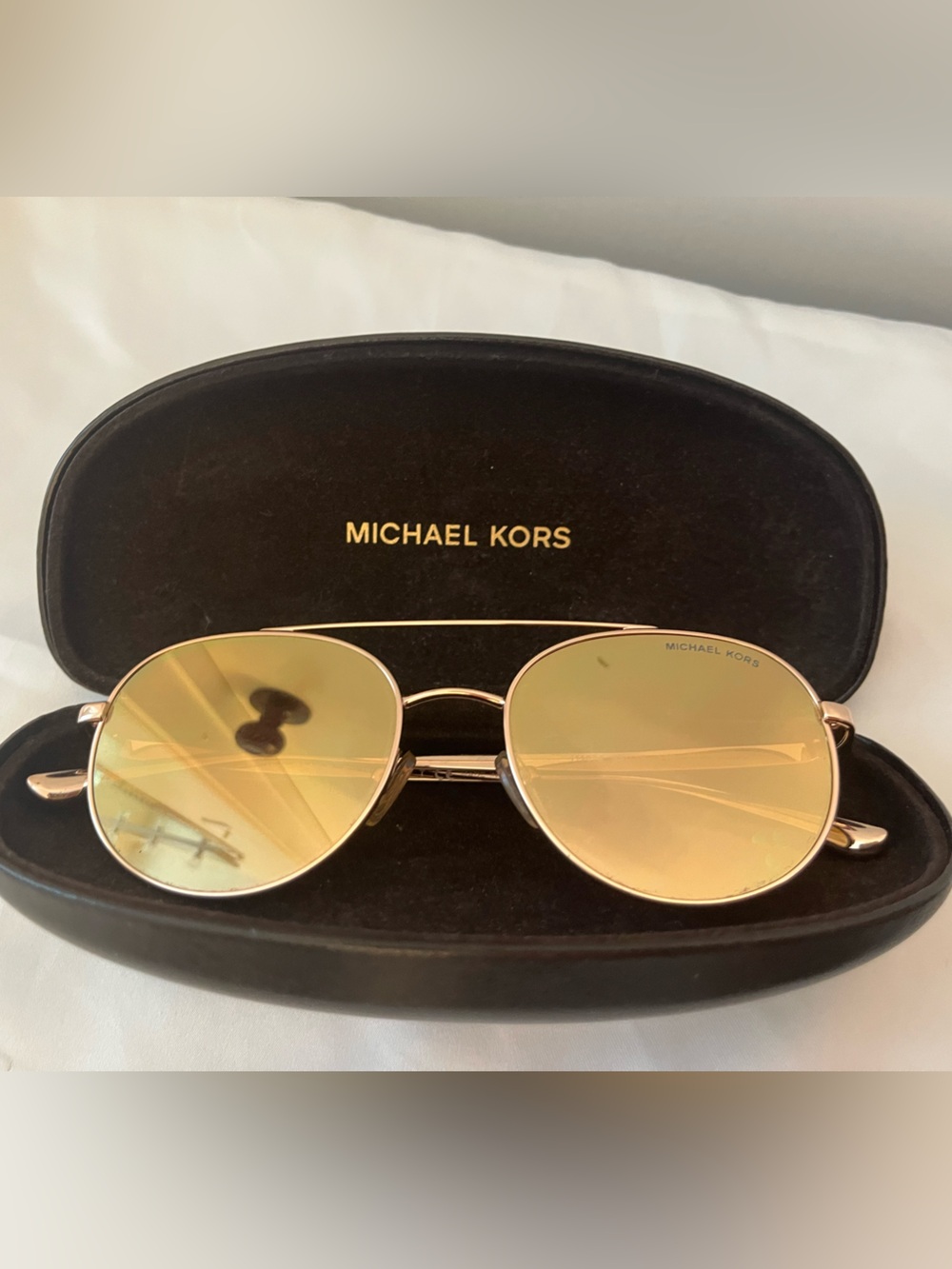 Michael Kors Gold-Tone Mirror Aviator Sunglasses with 2 Brown MK Sunglass Cases